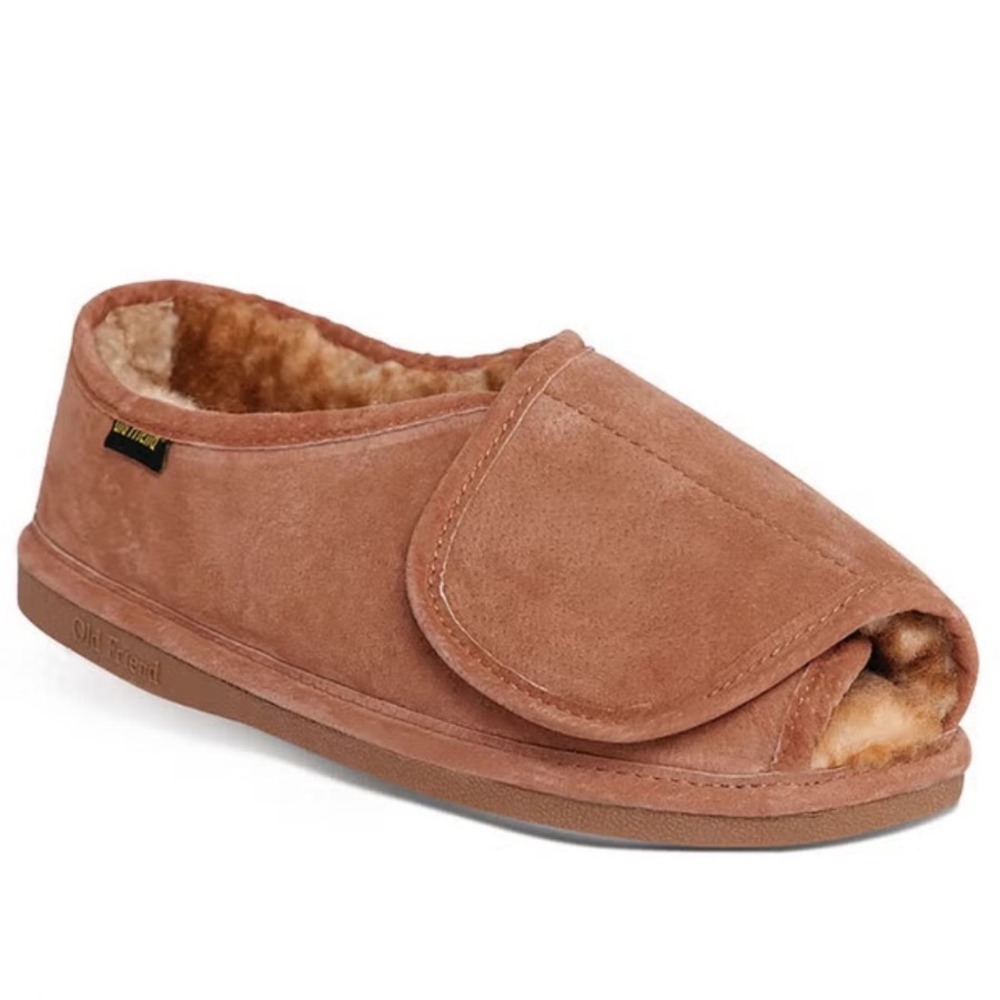 Old Friend Mens Chestnut Sheepskin Shearling Fur Lined Slippers Open Toe M12-13